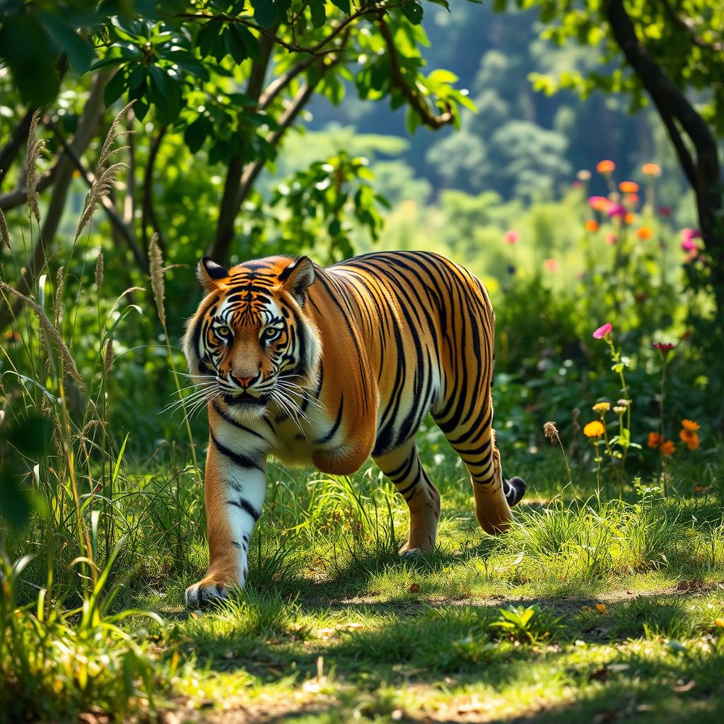 A majestic tiger prowling through the lush greenery of Panna National Park in India