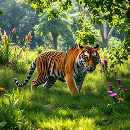 A majestic tiger prowling through the lush greenery of Panna National Park in India