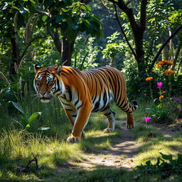 A majestic tiger prowling through the lush greenery of Panna National Park in India