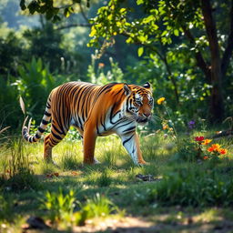 A majestic tiger prowling through the lush greenery of Panna National Park in India