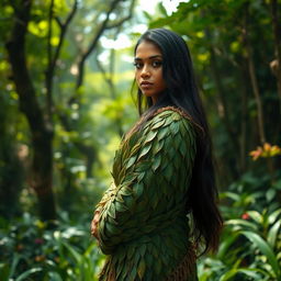 An Indian woman gracefully wrapped in intricately designed leaf clothes, showcasing traditional and eco-friendly artistry