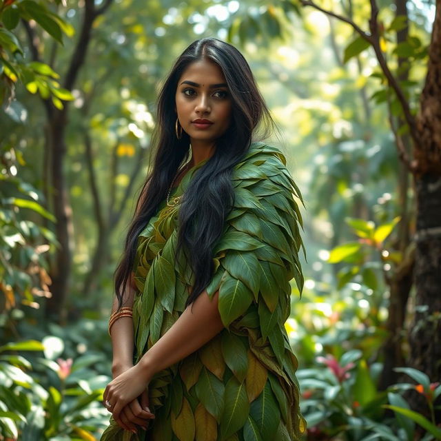 An Indian woman gracefully wrapped in intricately designed leaf clothes, showcasing traditional and eco-friendly artistry