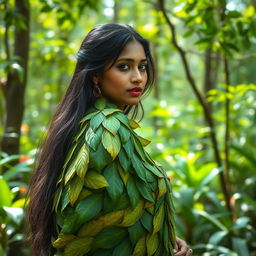An Indian woman gracefully wrapped in intricately designed leaf clothes, showcasing traditional and eco-friendly artistry