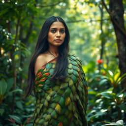 An Indian woman gracefully wrapped in intricately designed leaf clothes, showcasing traditional and eco-friendly artistry