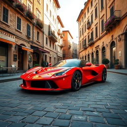 A wide-angle shot of a striking red Ferrari LaFerrari parked on a cobblestone street in Florence, Italy