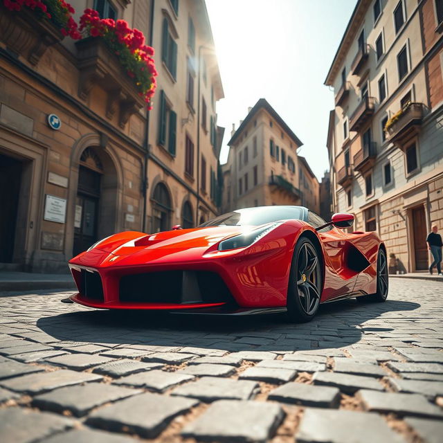 A wide-angle shot of a striking red Ferrari LaFerrari parked on a cobblestone street in Florence, Italy