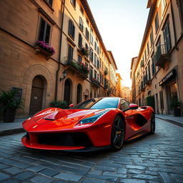A wide-angle shot of a striking red Ferrari LaFerrari parked on a cobblestone street in Florence, Italy