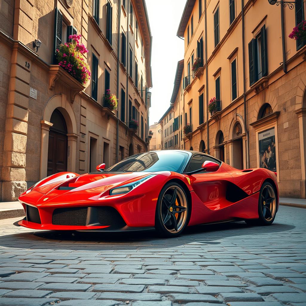 A wide-angle shot of a striking red Ferrari LaFerrari parked on a cobblestone street in Florence, Italy