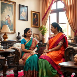 A serene and respectful scene depicting an Indian maid sitting gracefully in the lap of her employer within a beautifully decorated traditional Indian home