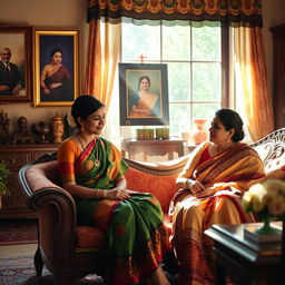 A serene and respectful scene depicting an Indian maid sitting gracefully in the lap of her employer within a beautifully decorated traditional Indian home