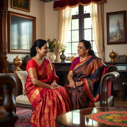 A serene and respectful scene depicting an Indian maid sitting gracefully in the lap of her employer within a beautifully decorated traditional Indian home