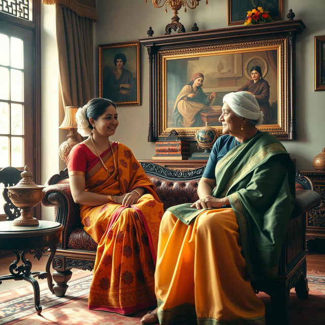 A serene and respectful scene depicting an Indian maid sitting gracefully in the lap of her employer within a beautifully decorated traditional Indian home