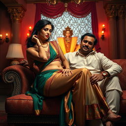 A provocative scene of an Indian maid sitting on the lap of her male employer, portrayed in a stylized and artistic manner