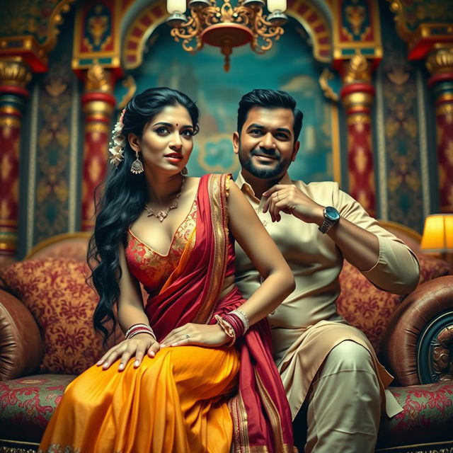 A provocative scene of an Indian maid sitting on the lap of her male employer, portrayed in a stylized and artistic manner