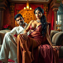 A provocative scene of an Indian maid sitting on the lap of her male employer, portrayed in a stylized and artistic manner