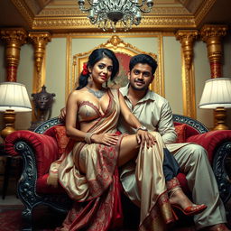 A provocative scene of an Indian maid sitting on the lap of her male employer, portrayed in a stylized and artistic manner