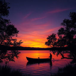 A dramatic sunset over a tranquil lake, vibrant colors of orange, pink, and purple reflecting on the water