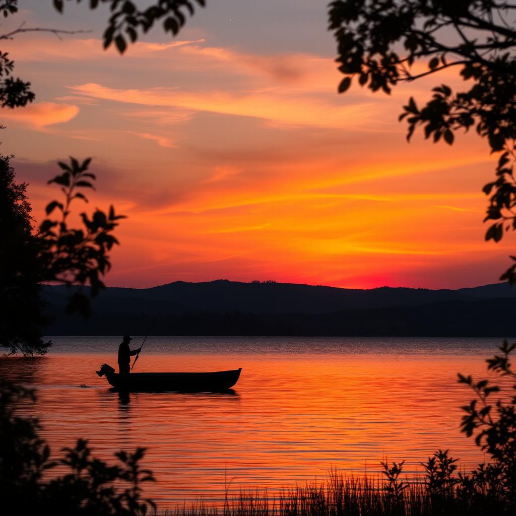 A dramatic sunset over a tranquil lake, vibrant colors of orange, pink, and purple reflecting on the water