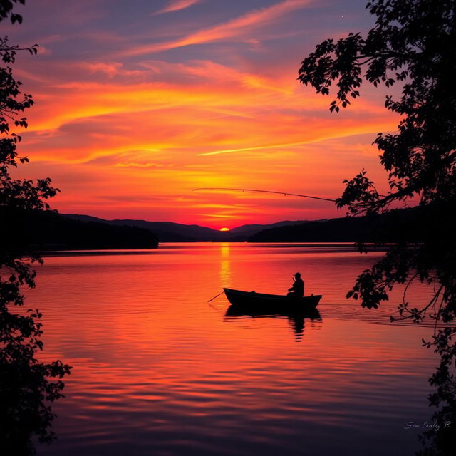 A dramatic sunset over a tranquil lake, vibrant colors of orange, pink, and purple reflecting on the water