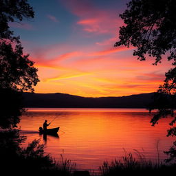 A dramatic sunset over a tranquil lake, vibrant colors of orange, pink, and purple reflecting on the water