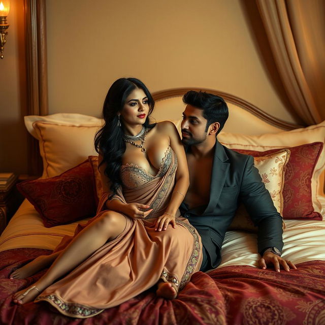 A sensual scene set in a luxurious bedroom, featuring an Indian maid with an elegant yet revealing outfit that leaves her upper body exposed, sitting playfully on the lap of her male employer