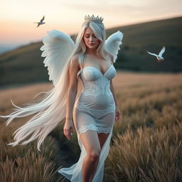 A beautiful, sexy girl with very long white, silver, and light blue hair, walking through a beautiful grassy hilly field at dusk