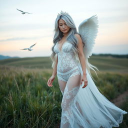 A beautiful, sexy girl with very long white, silver, and light blue hair, walking through a beautiful grassy hilly field at dusk