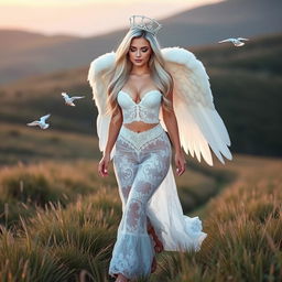 A beautiful, sexy girl with very long white, silver, and light blue hair, walking through a beautiful grassy hilly field at dusk