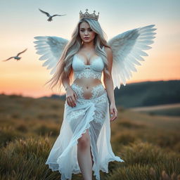 A beautiful, sexy girl with very long white, silver and light blue hair, walking through a beautiful grassy hilly field at sunrise