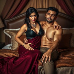 A provocative and intimate scene featuring an Indian maid dressed in a stunning black blouse and a flowing maroon saree
