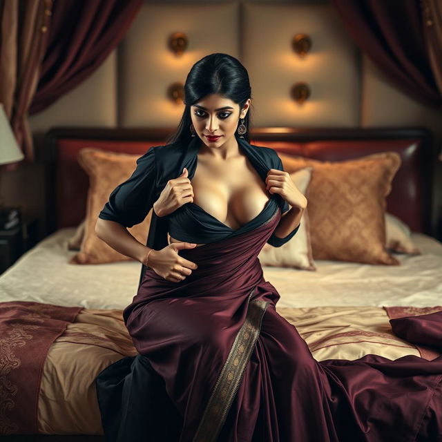 A provocative and intimate scene featuring an Indian maid dressed in a stunning black blouse and a flowing maroon saree