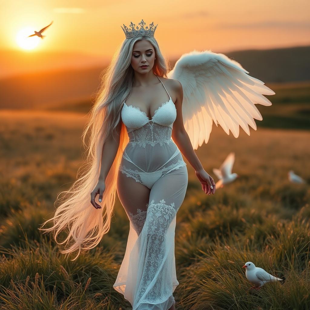 A beautiful, sexy girl with very long white, silver, and light blue hair, walking through a beautiful grassy hilly field at sunset