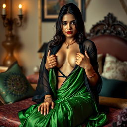 A seductive scene featuring an Indian maid clad in a black transparent blouse paired with a vibrant green saree