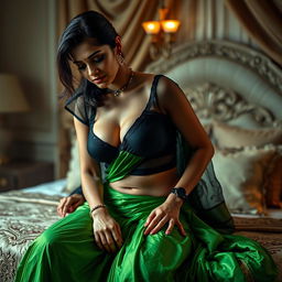 A seductive scene featuring an Indian maid clad in a black transparent blouse paired with a vibrant green saree