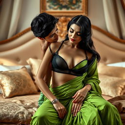 A seductive scene featuring an Indian maid clad in a black transparent blouse paired with a vibrant green saree