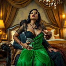 A playful and daring scene featuring an Indian maid dressed in a black transparent blouse and a lush green saree