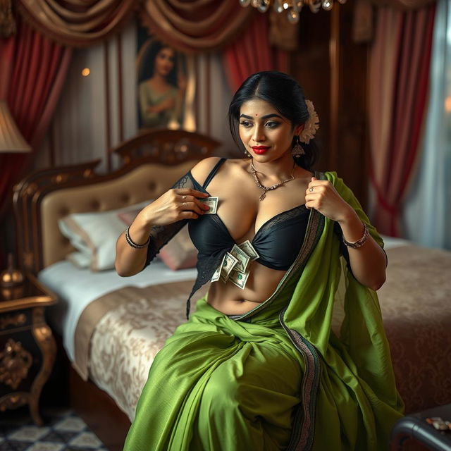 A playful and daring scene featuring an Indian maid dressed in a black transparent blouse and a lush green saree