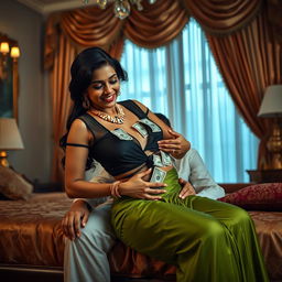 A playful and daring scene featuring an Indian maid dressed in a black transparent blouse and a lush green saree