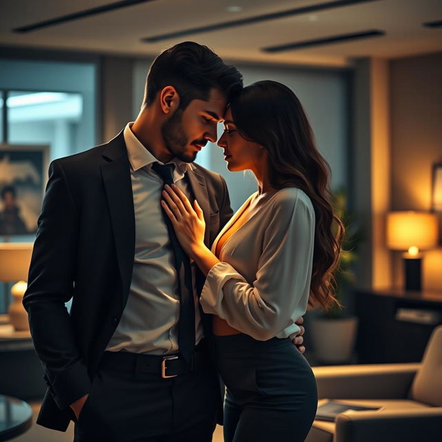 A sultry, romantic scene showcasing the sexy intimacy between two office professionals in a chic, modern office space