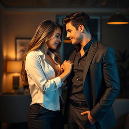 A sultry, romantic scene showcasing the sexy intimacy between two office professionals in a chic, modern office space