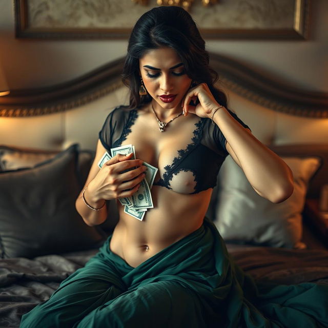 A daring and provocative scene featuring an Indian maid in a black transparent blouse and a green torn saree, which adds a touch of boldness