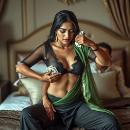 A daring and provocative scene featuring an Indian maid in a black transparent blouse and a green torn saree, which adds a touch of boldness