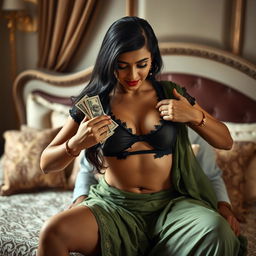 A daring and provocative scene featuring an Indian maid in a black transparent blouse and a green torn saree, which adds a touch of boldness