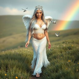 A beautiful, sexy girl with very long white, silver, and light blue hair, walking through a beautiful grassy hilly field after a light rain, with a vibrant rainbow in the background