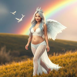 A beautiful, sexy girl with very long white, silver, and light blue hair, walking through a beautiful grassy hilly field after a light rain, with a vibrant rainbow in the background