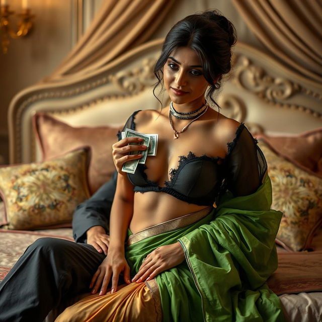 A provocative scene featuring an Indian maid in a black torn transparent blouse and a torn green saree