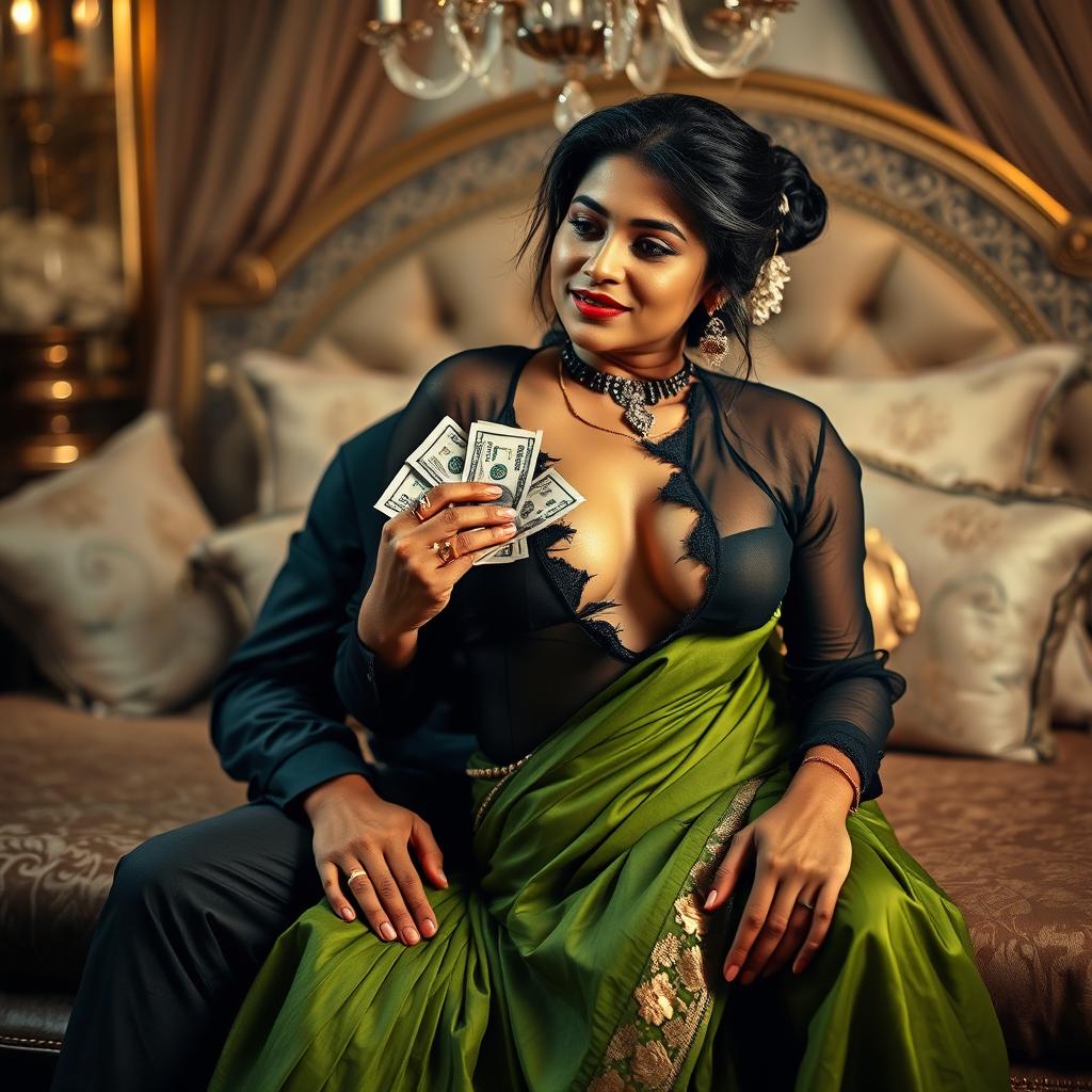 A provocative scene featuring an Indian maid in a black torn transparent blouse and a torn green saree