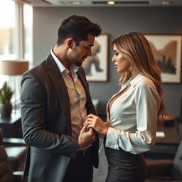 A captivating scene illustrating the sexy intimacy between two office professionals in a chic, modern office environment