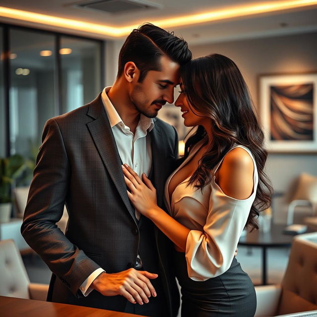 A captivating scene illustrating the sexy intimacy between two office professionals in a chic, modern office environment