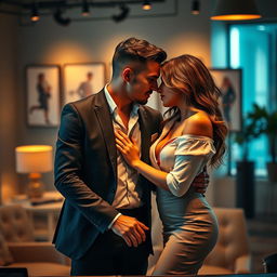 A captivating scene illustrating the sexy intimacy between two office professionals in a chic, modern office environment